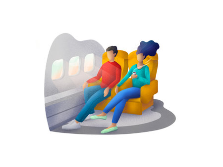 Travel by plane. Couple travelers. Fly by planeの写真素材