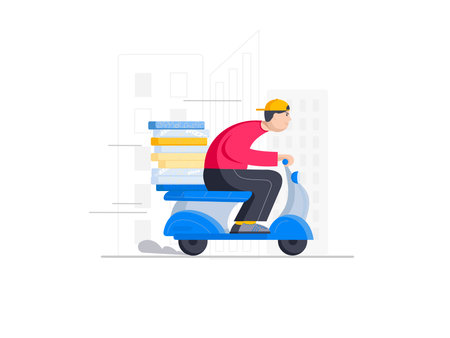 rushing pizza delivery boy on the scooterの写真素材