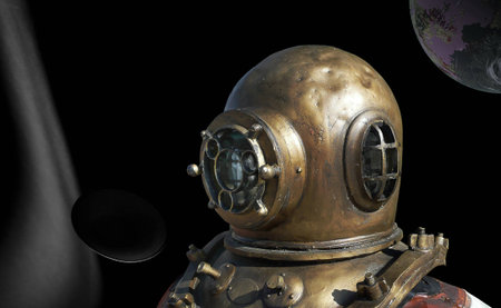 diving bell on diver in outerspaceの写真素材