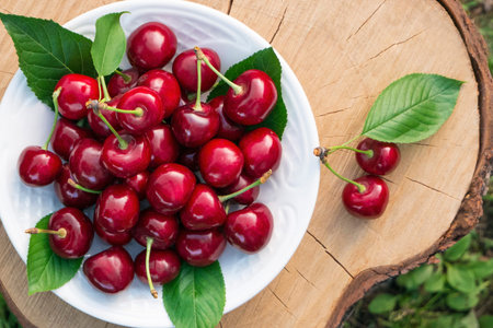 Fresh ripe cherries in white plate on wood stump on nature colorful background in the garden.