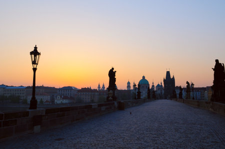 Sunrise in Prague. Charles bridge and city skyline, Prague, Czech Republicの写真素材