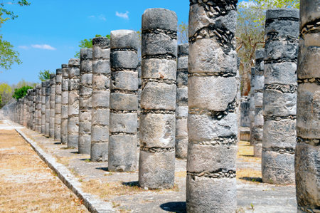 Columns in the Temple of a Thousand Warriors, Chichen Itza, Mexicoの写真素材