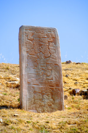 Stone Carved Stelae, Ancient Zapotec capital, Monte Alban, Oaxaca, Mexicoの写真素材