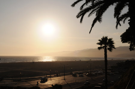 Sunset at Santa Monica Beach, Californiaの写真素材