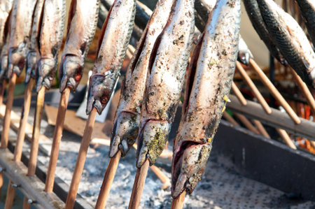 Mackerel Fish for grilling on a stickの写真素材