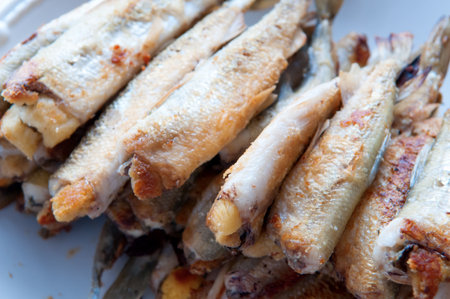 Fried small smelt fish on white plateの写真素材