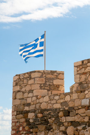 Greek Flag over Kales fortress at Ierapetra city, Crete island, Greeceの写真素材