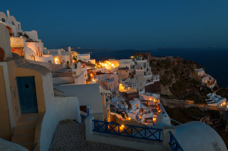 Beautiful view of Santorini Island at evening light, Greeceの写真素材