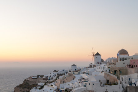 Beautiful view of Santorini Island at evening light, Greeceの写真素材