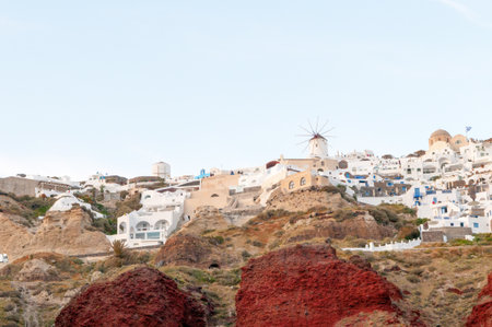 Panoramic view from the boat,  Santorini island, Greeceの写真素材