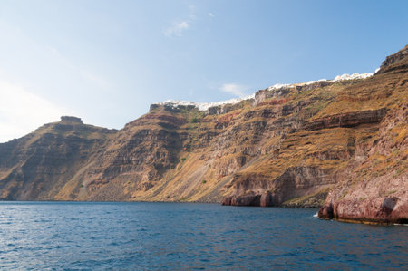 Panoramic view from the boat,  Santorini island, Greeceの写真素材