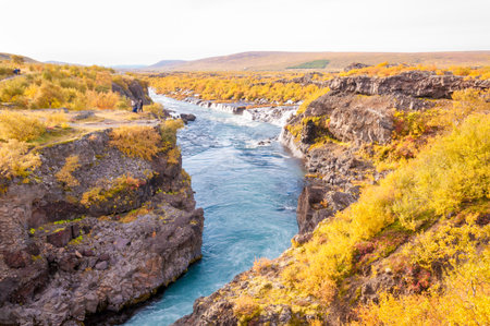 Hraunfossar is a very beautiful Icelandic waterfall in the west of the island.の写真素材