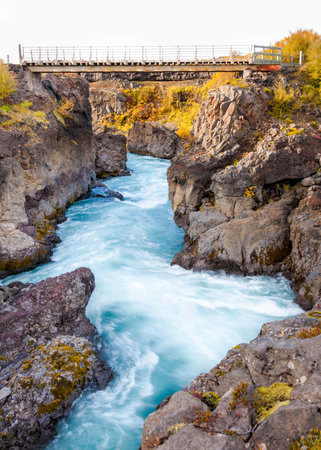 Hraunfossar is a very beautiful Icelandic waterfall in the west of the island.の写真素材