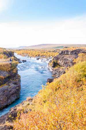 Hraunfossar is a very beautiful Icelandic waterfall in the west of the island.の写真素材