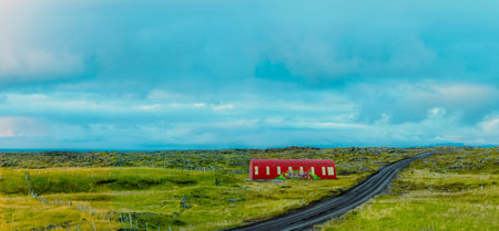 Icelandic landscape with volcanic rocks and green grassの写真素材