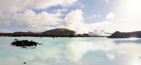 Blue Lagoon - famous Icelandic spa and Geothermal Power plant (panoramic picture)の写真素材