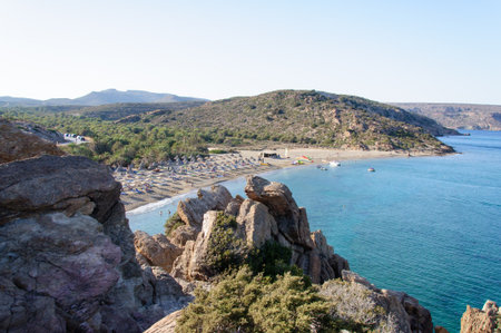 The palm beach of Vai is one of the largest attractions of the Mediterranean island of Crete. It features the largest natural palm forest in Europe, made up of Cretan Date Palmの写真素材