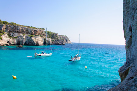 Cala Macarella bay with crystal clear azure water, Island of Menorca, Balearic Islands, Spainのeditorial素材