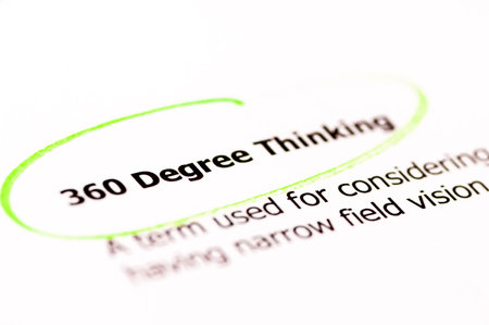Words 360 Degree Thinking highlighted with green on white paper, copy space available, Business...