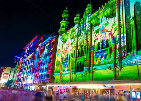 Melbourne, Australia - 21 February 2015: Art colorful projections over historical buildings. More then 500,000 people joined annual Melbourne's White Night cultural festival in 21 February, Melbourne, Australiaのeditorial素材