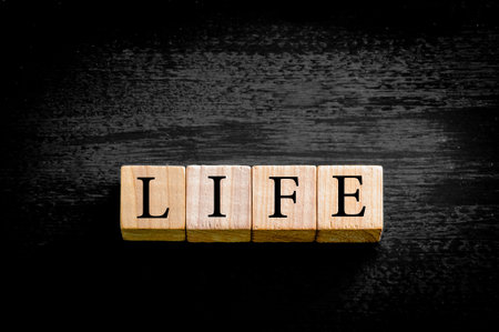 Word LIFE. Wooden small cubes with letters isolated on black background with copy space available. Concept image.の写真素材