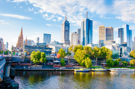 Melbourne, Australia - February 20, 2015: View over Yarra River and City Skyscrapers from Princes Bridge.It has been ranked the world\'s most livable city since 2011, often referred to as Australia\'s cultural capital.のeditorial素材