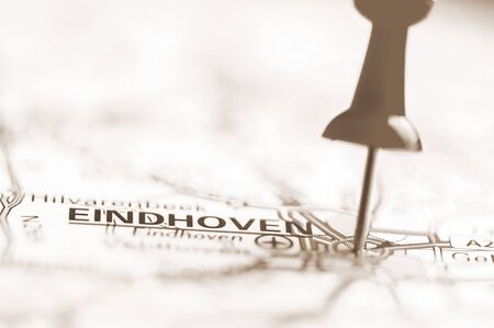 Pushpin showing Eindhoven City On Map, Netherlands  with vintage sepia filter effectの写真素材
