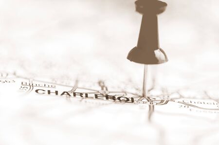 Pushpin showing Charleroi City On Map, Belgium with vintage sepia filter effectの写真素材