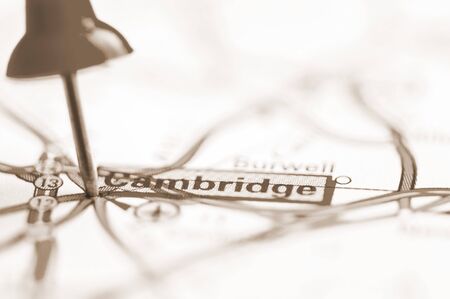 Pushpin showing Cambridge On Map, United Kingdom with vintage sepia filter effectの写真素材