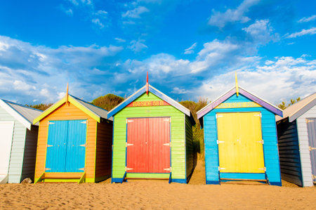 Melbourne, Australia - February 21, 2015: Brighton bathing boxes,  with classic Victorian...