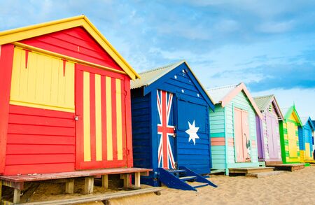 Melbourne, Australia - February 21, 2015: Brighton bathing boxes,  with classic Victorian architectural features, are a popular Bayside icon and cultural asset at Brighton Beach, Melbourne, Australiaのeditorial素材