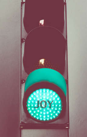 Close up on green traffic light with message JOY. Motivational concept image with vintage filter appliedの写真素材