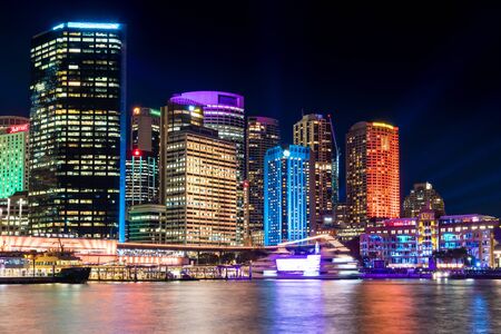 SYDNEY - June 10, 2016: Circular Quay illuminated during Vivid Sydney Festival. Vivid Sydney is an annual outdoor Festival of Light, Music & Ideas in Sydney, Australiaのeditorial素材