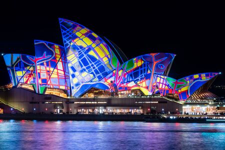 SYDNEY - June 10, 2016: Sydney Opera House in the night illuminated during Vivid Sydney Festival. Vivid Sydney is an annual outdoor Festival of Light, Music & Ideas in Sydney, Australiaのeditorial素材