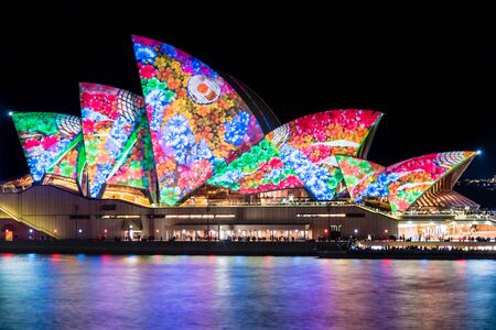 SYDNEY - June 10, 2016: Sydney Opera House in the night illuminated during Vivid Sydney Festival. Vivid Sydney is an annual outdoor Festival of Light, Music & Ideas in Sydney, Australiaのeditorial素材