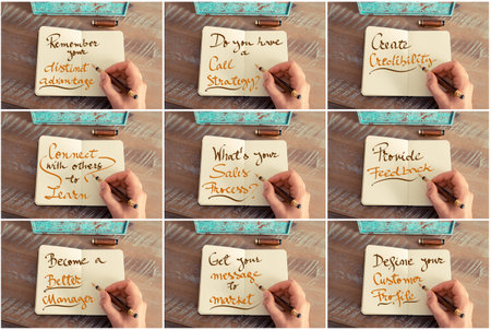 Photo collage of motivational business messages. Retro effect and toned image of a woman hand...