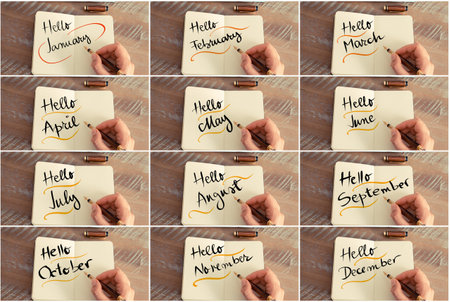 Photo collage of 12 months from January to December. Retro effect and toned image of a woman hand...