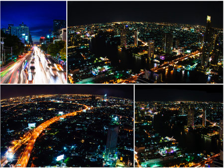Photo collage of Bangkok city scape at nighttimeの写真素材