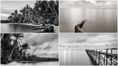 Photo collage with black and white photography of beach wooden pierの写真素材