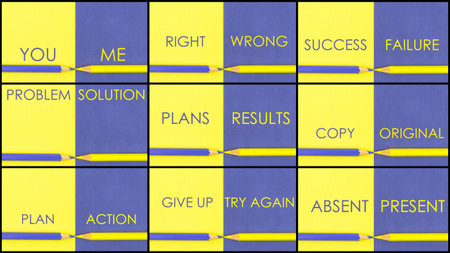 Photo collage of CONTRAST concept over Yellow and Violet coloured paper. You Me, Right Wrong,...