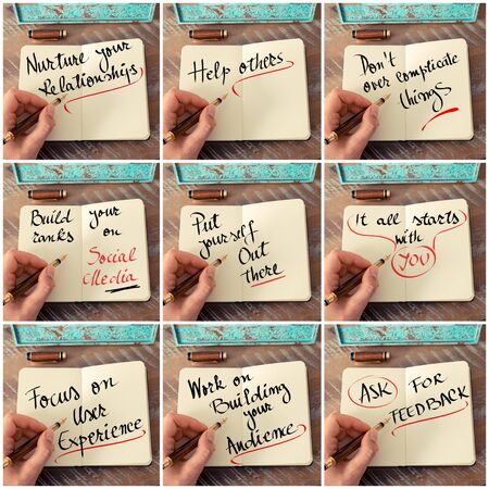 Photo collage of handwritten business motivational messages. Retro effect and toned image of a woman hand writing a note with fountain pen on a notebook as business concept image.の写真素材