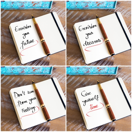 Photo collage of handwritten business motivational message with fountain pen on notebook as business concept imageの写真素材