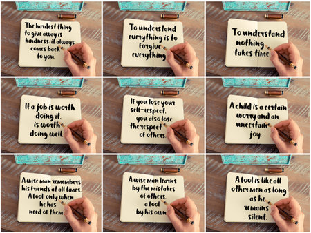 Photo collage of inspirational concept images, woman hand writing motivational quotes on a notebook