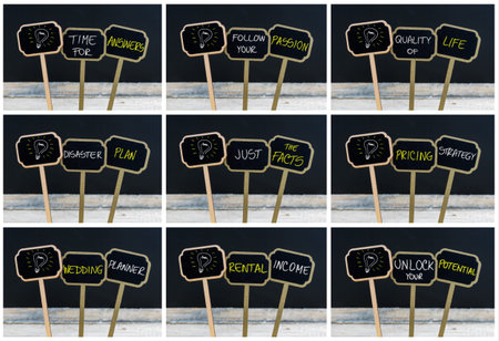 Photo collage of concept messages written with chalk on wooden mini blackboard labels and light bulb as symbol for idea, defocused chalkboard and wood table in backgroundの写真素材