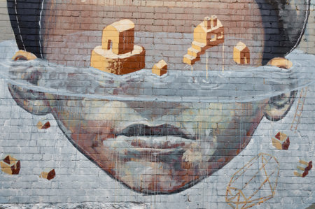 Melbourne, Australia- February 18, 2015: Colorful graffiti artwork as street art by unidentified artist. Melbourne is known as one of the world's great street art capitals and attraction for touristsのeditorial素材