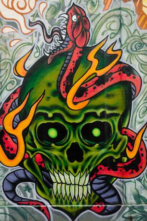 Melbourne, Australia- February 18, 2015: Colorful graffiti artwork as street art by unidentified artist. Melbourne is known as one of the world's great street art capitals and attraction for touristsのeditorial素材