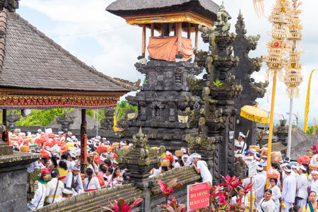 Bali, Indonesia - May 1, 2017: Religious procession at Pura Besakih, the most important, the largest...