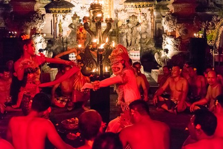 Bali, Indonesia - May 3, 2017 : Popular Kecak Fire and Trance Dance with a fragment from the Hindu epic Ramayana story presented by Taman Kaja Community at Pura Dalem Taman Kaja, Ubud, Bali, Indonesiaのeditorial素材