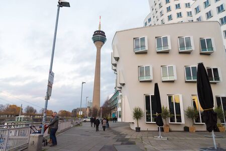 Dusseldorf, Germany - November 27, 2017 : Close-up on Neuer Zollhof building complex designed by architect Frank Gehry, in the Medienhafen Media Harborのeditorial素材