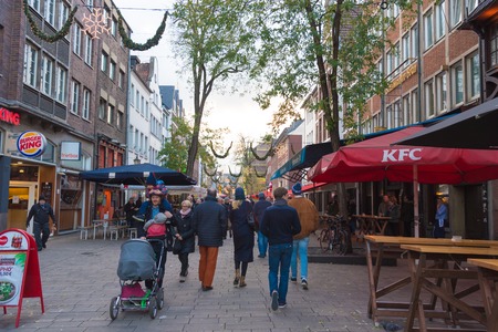 Dusseldorf, Germany - November 27, 2017 : Street view of historical old city Altstadt district. Dusseldorf is an international business and financial centre, renowned for its fashion and trade fairs.のeditorial素材
